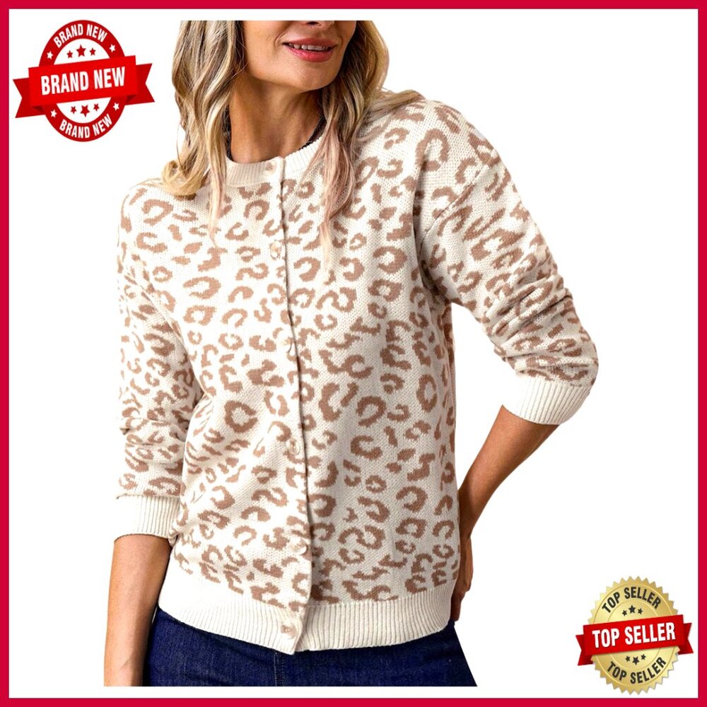 Leopard Print Cardigan Button Up Crew Neck Knit Sweater Fall Winter Chic